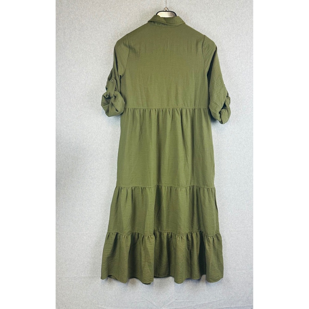 Max Studio London Womans Medium Shirt Midi Dress Roll Tab Green Tier Boho Modest - Picture 8 of 9